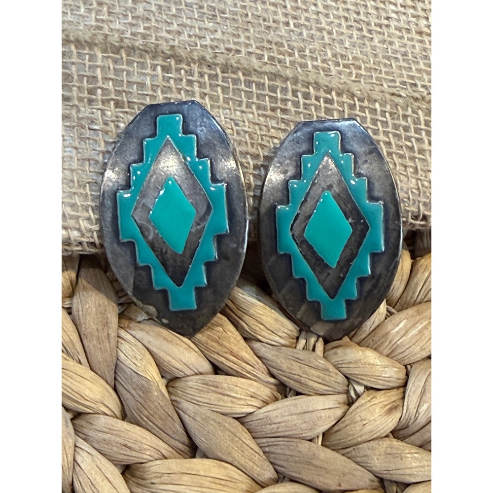Vintage Southwestern Geometric Turquoise Enamel Silver Tone Oval Stud Earrings